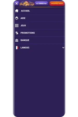 Menu navigation complet Play Regal casino interface complète