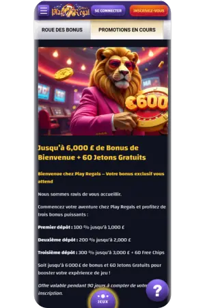 Section promotions Play Regal enregistrement casino avec bonus exclusifs
